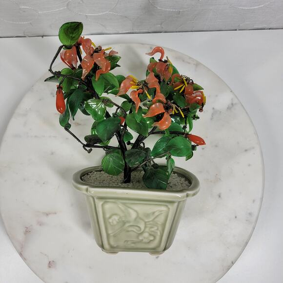 VTG Glass Faux Jade Bonsai Tree 9" Green Coral Handcrafted Art Ceramic Pot - Picture 8 of 16